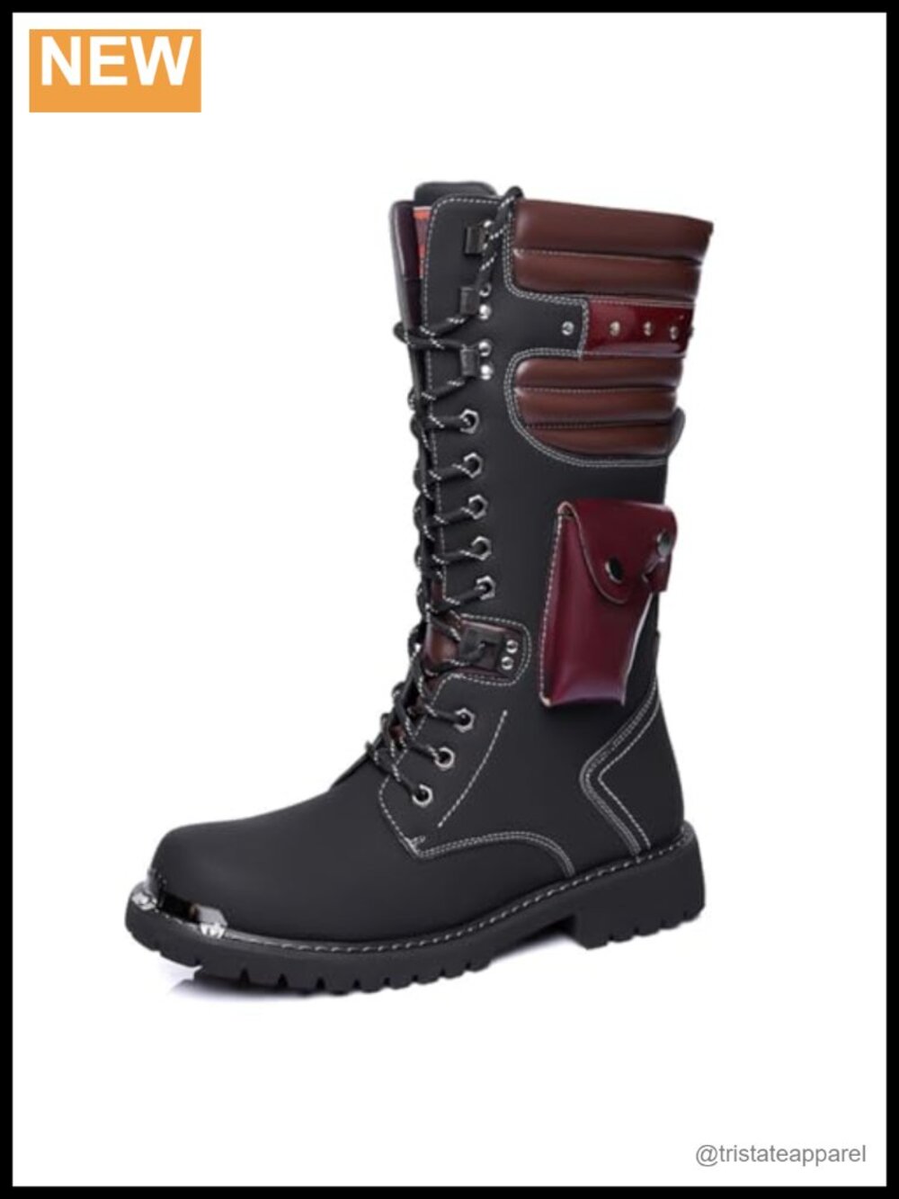 Mens Faux Leather High Top Motorcycle Combat Boots Mid Calf Lace Up